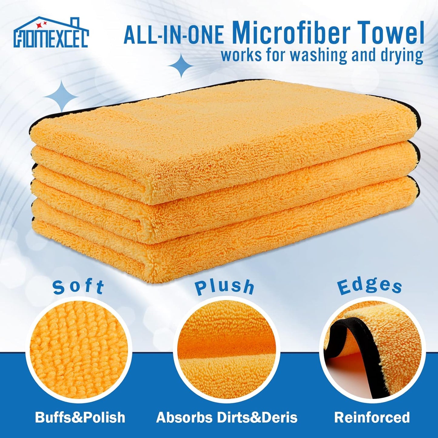 HOMEXCEL Microfiber Towels for Car, Premium Cleaning Cloth Lint Free,Scratch Free, Strong Water Absorption, Car Washing Drying Towel for Household, Auto Detailing, Windows, 16" x 24 ", 3 Pack