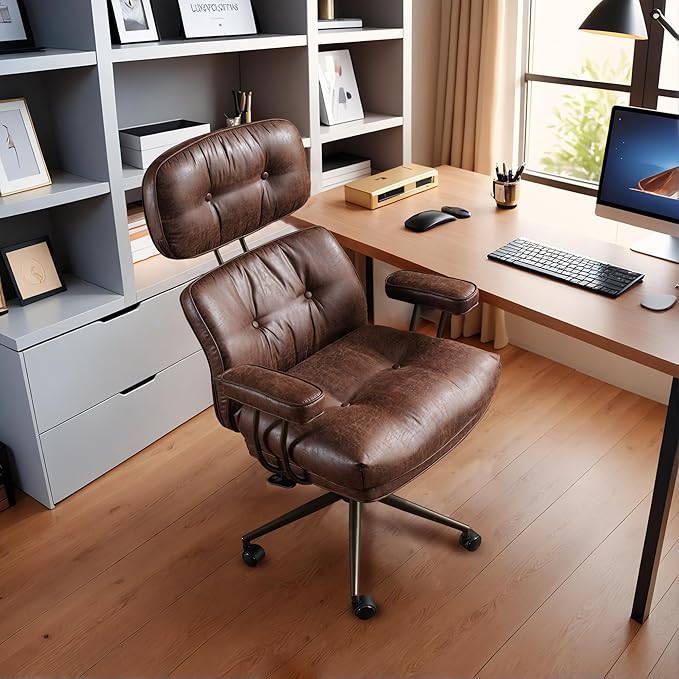 Faux Leather Executive Office Chair - Big and Tall Ergonomic Home Office Chair,Reclining Computer Desk Chair w/Lumbar Support,Adjustable Task Chair Swivel Rolling Chair with Wheels,Dark Brown,Suede