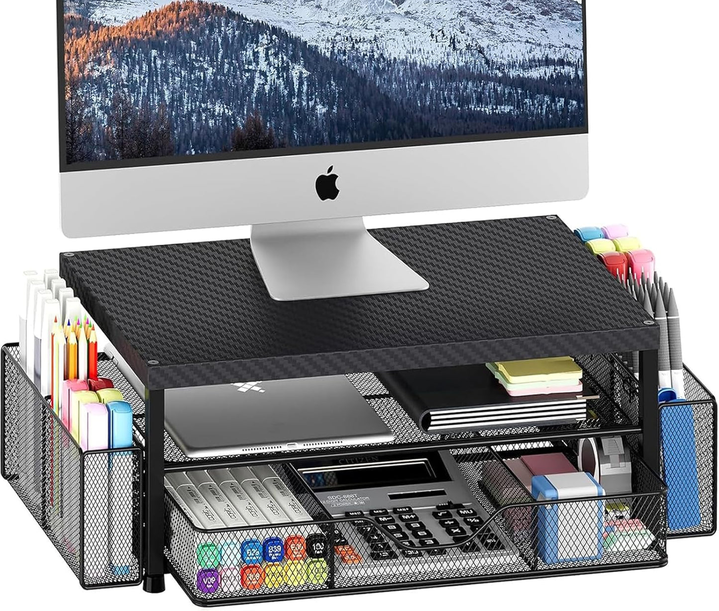 Desk Organizer and Accessories, 2-Tier Computer Monitor Stand with Drawer and 2 Pen Holders, Laptop Stand, Office Desk Accessories for Office Supplies, Carbon Fiber