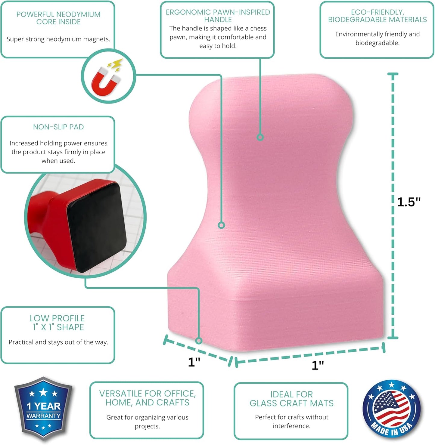 Glassboard Studio MiniPawn Magnet - Strong Neodymium Rare Earth Magnets for Fridge, Whiteboard, Locker & Magnetic Glassboards - Ideal for Crafting & Office Use - Strong Fridge Magnets (Blush Pink, 4)