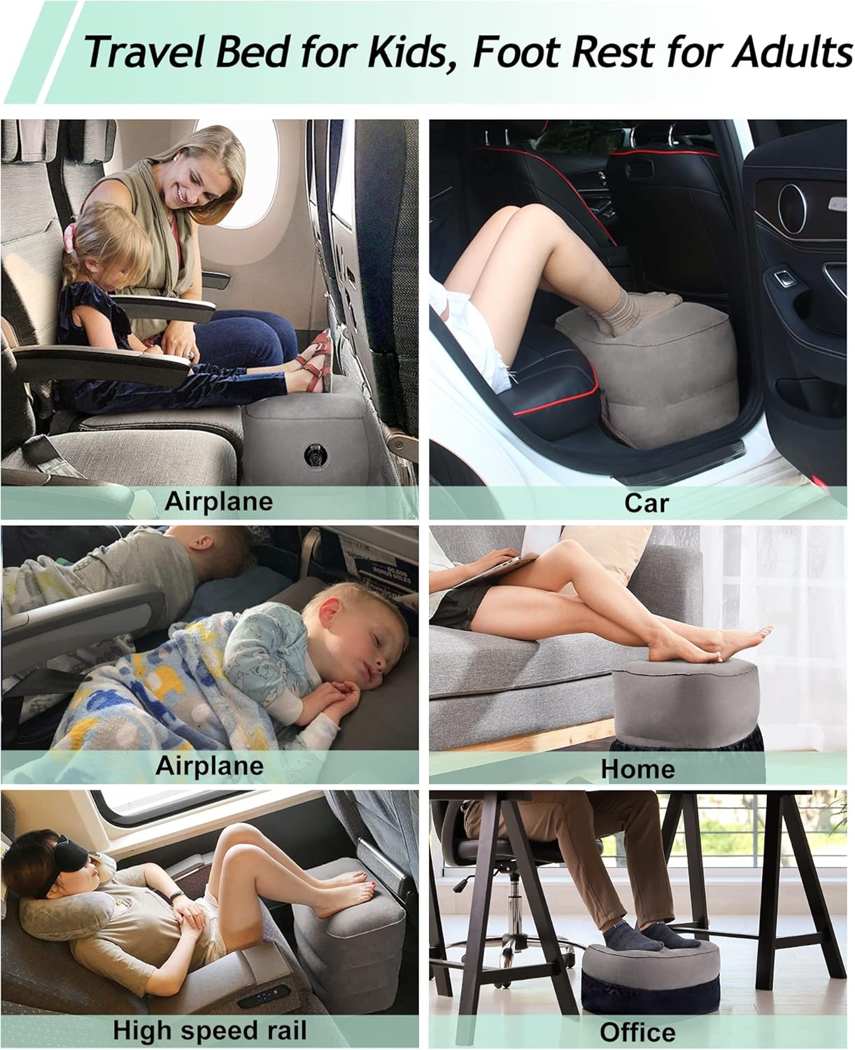 JefDiee Inflatable Travel Foot Rest Pillow,Kids Airplane Bed,Adjustable 3 Layers Height Leg Rest Pillow,Adults Travel Essentials Great for Airplane,Office,Home,Trains,Cars