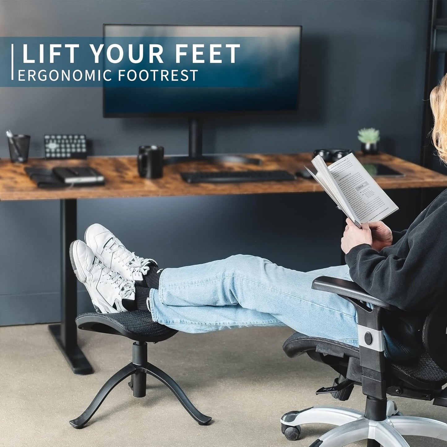 VIVO Under Desk Ottoman Foot Stool, Height Adjustable Elevated Office Leg Rest, Black, CHAIR-FR01