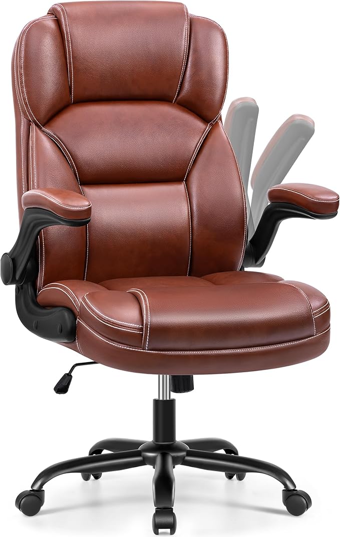 PU Leather Executive Office Chair, Ergonomic Mid-Back Computer & Gaming Chair with Adjustable Height, Rolling Swivel & Flip-Up Armrests, Comfy Padded Seat for Home Office-Brown