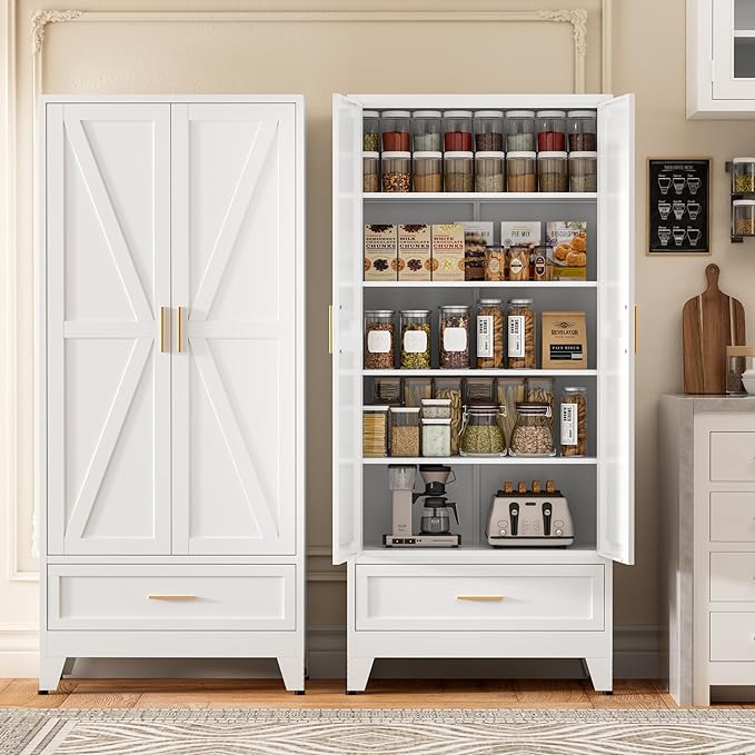 71" Tall Metal Storage Cabinet with Drawer and Adjustable Shelves,Farmhouse Kitchen Pantry Storage Cabinet with Doors,Large Wide Cabinets for Craft Room,Office,Dining Room,Bathroom(White)