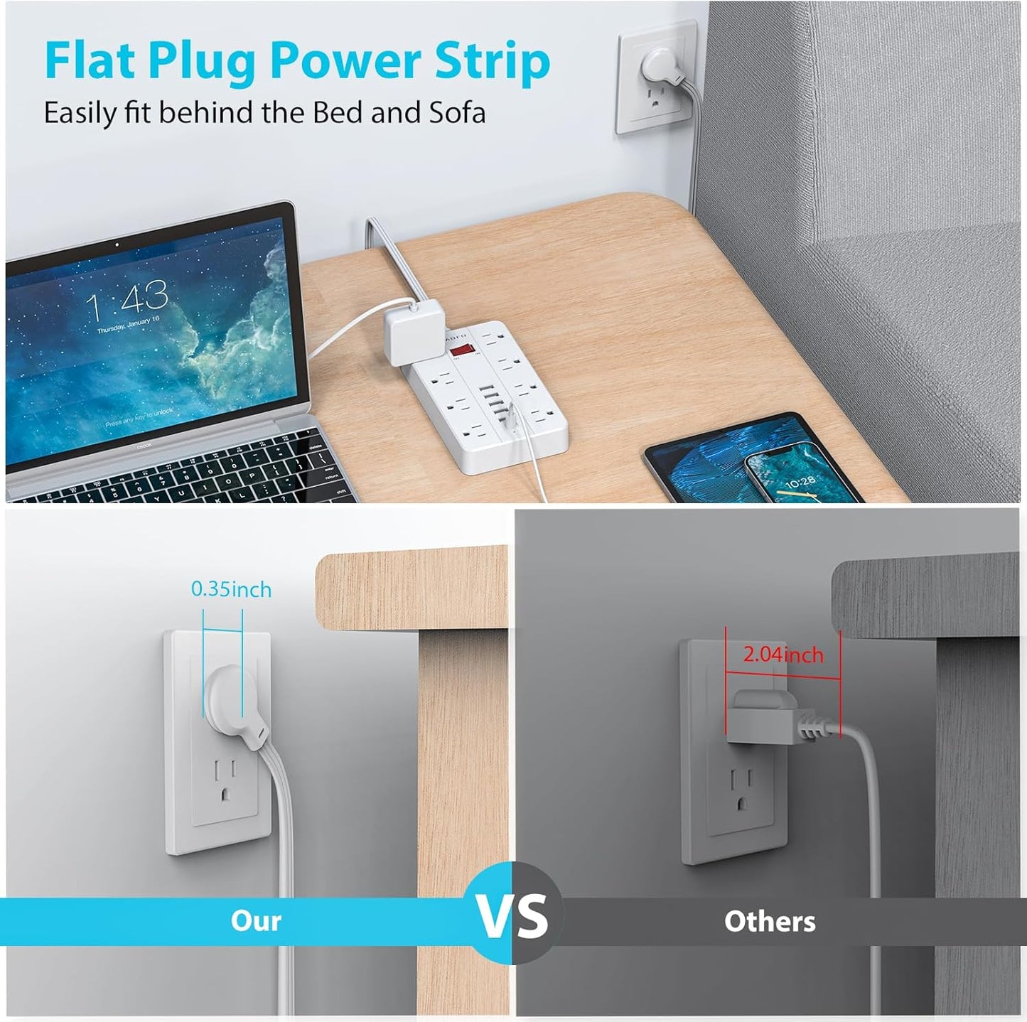Power Strip Surge Protector with 6 USB (1USB C) Ports,AOFO 5 ft Extension Cord Flat Plug with 8 Widely Spaced Outlets,Wall Mountable Charging Station for Phone Tablet Laptop Computer Multiple Devices