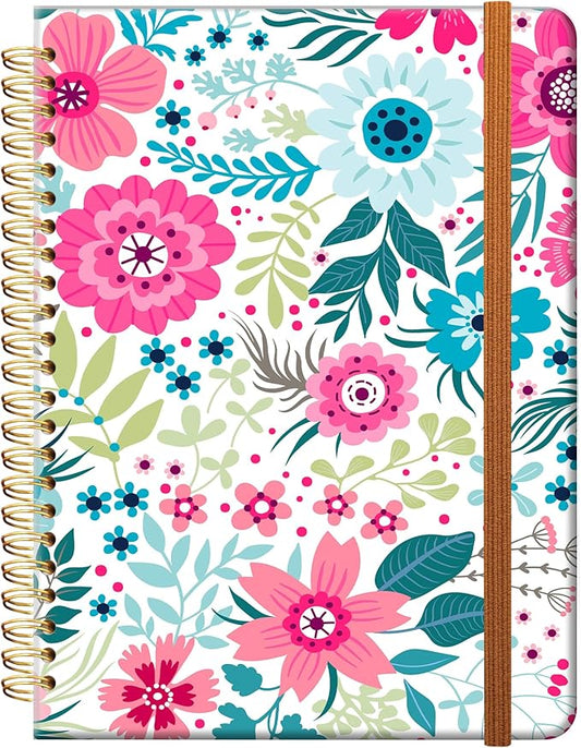 Ruled Spiral Writing Notebook,A5 Hardcover Lined College Journal for Women Lady,Fashion Puppy Watercolor Strong Twin-Wire Binding with Premium Paper,8.4" X 6",Perfect for School,Office,Home Gifts(Colorful Flowers)