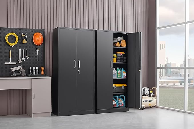 Metal Storage Cabinet with Adjustable Shelves, Garage Cabinet with 2 Lockable Doors, Garage Storage Cabinet, Kitchen Pantry Cabinet - 71'H, Black