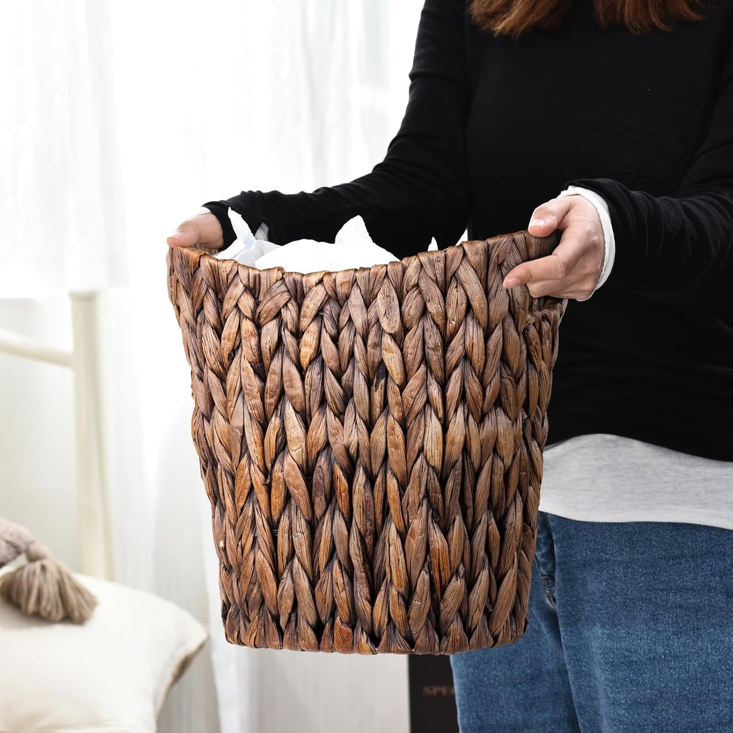 FairyHaus Wicker Waste Basket with Handle, Hand-Woven Water Hyacinth Trash Can for Bathroom Bedroom, Brown Wicker Storage 13 x 7.5 x12.2