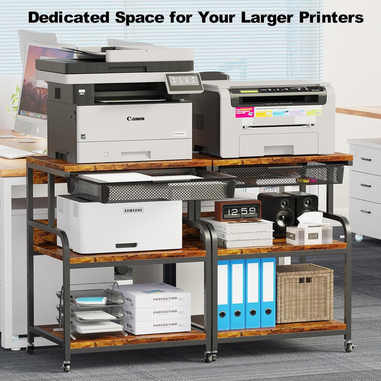 EasyCom 23.6''x18.9'' Extra Large Printer Stand with Drawer, 5-Adjustable Heights 3 Tier Table with Wheels, Rolling Printer Cart with Storage for Printer Scanner Fax Home Office Use