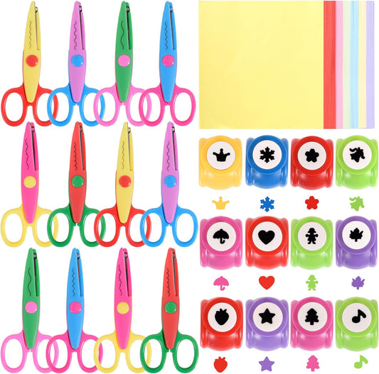 12 PCS Craft Scissors Decorative Edge, 12 PCS Small Hole Punch Shapes, 90 Sheets Colorful Origami, Kids Adults Craft Kit for DIY Crafts, Scrapbooking, Card Making, School Supplies