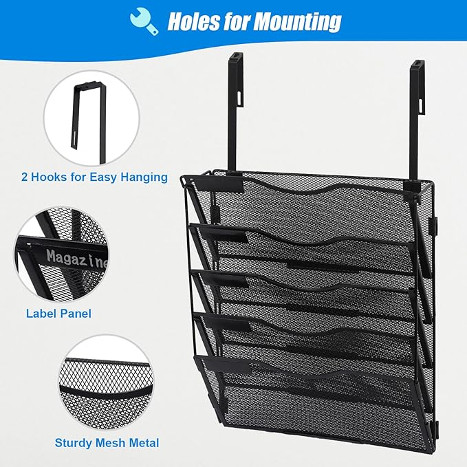 EASEPRES 5 Pocket Mesh Hanging Wall File Organizer with Hangers & Nametag Label, Wall Mounted Mail Paper Document Folder Holder, Clipboard Storage Organization Magazine Rack for Office Cubicle, Black