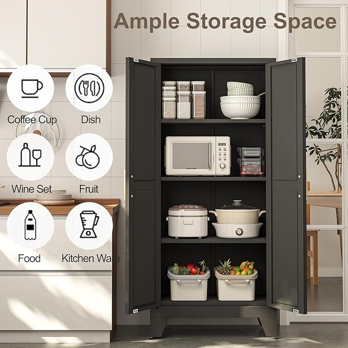 61H Metal Storage Cabinet with 2 Doors and 4 Shelves,Farmhouse Storage Cabinet with Barn Doors,Pantry Storage for Home,Office,Bathroom,Dining Room,Kitchen(Black)