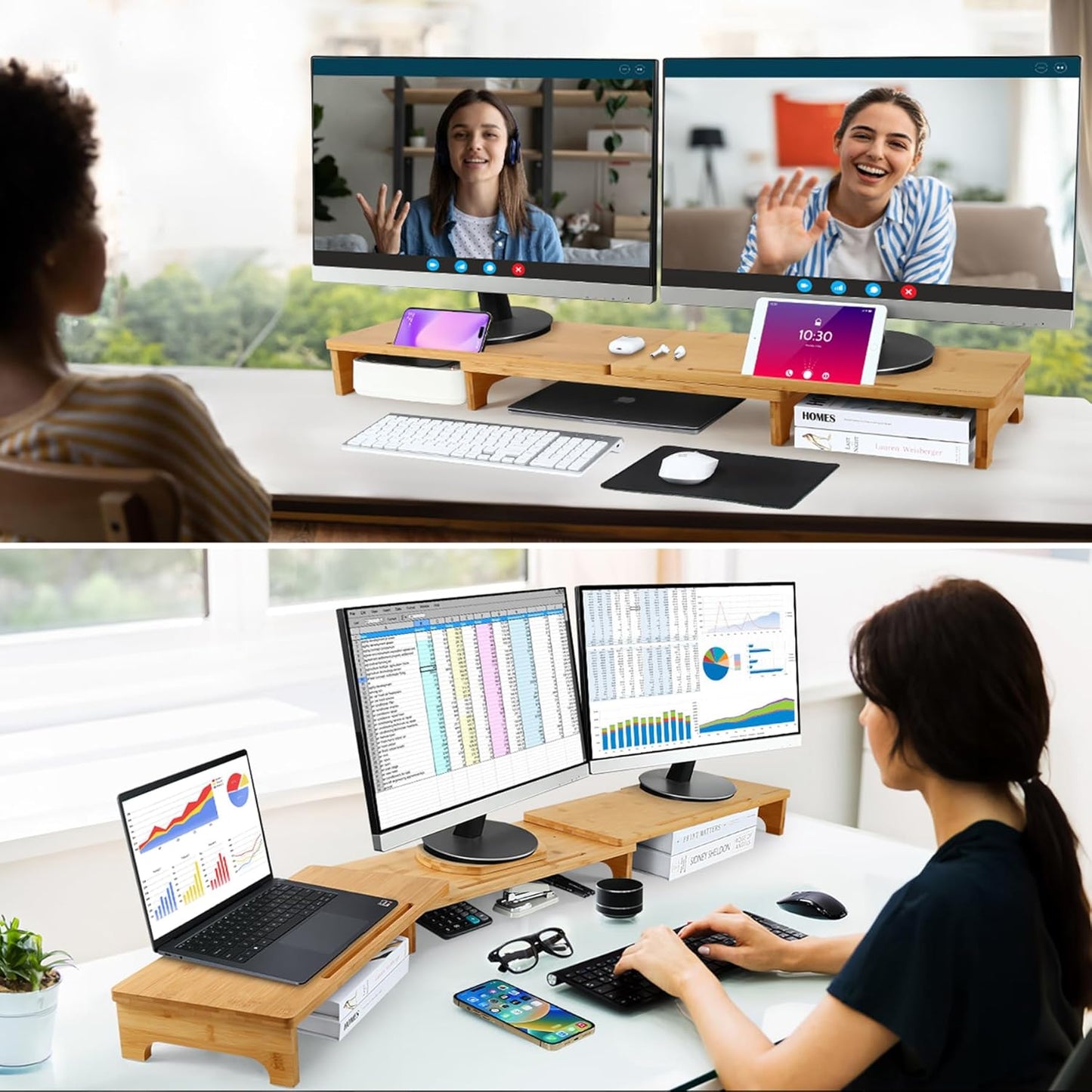 Nnewvante Monitor Stand Riser, 60 inch Large Bamboo Dual Monitor Stand for Desk, 3 Shelves Desktop Screen Riser with Adjustable Length Angle for Computer Laptop PC