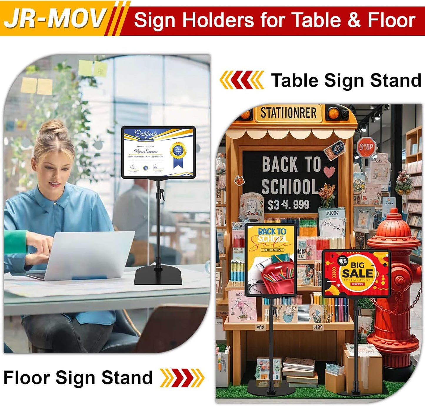 Tabletop Sign Holders 8.5 x 11, Adjustable Floor Standing Sign Holder Stand for Table Top, Black Double-Sided Poster Stands for Display Vertical Horizontal View, Fit Retail Event, 2 Pack
