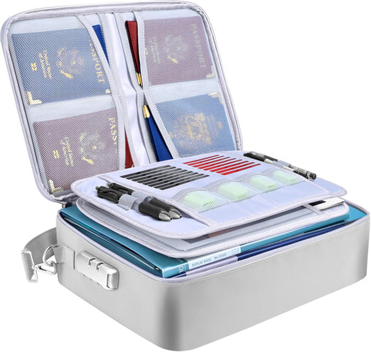 BALEINE Fireproof Document Box with Lock, Portable Fireproof Document Bag Waterproof Fire Proof File Boxes for Documents, File Organizer Box for Important Paperwork (Silver, 15''x11''x4'')