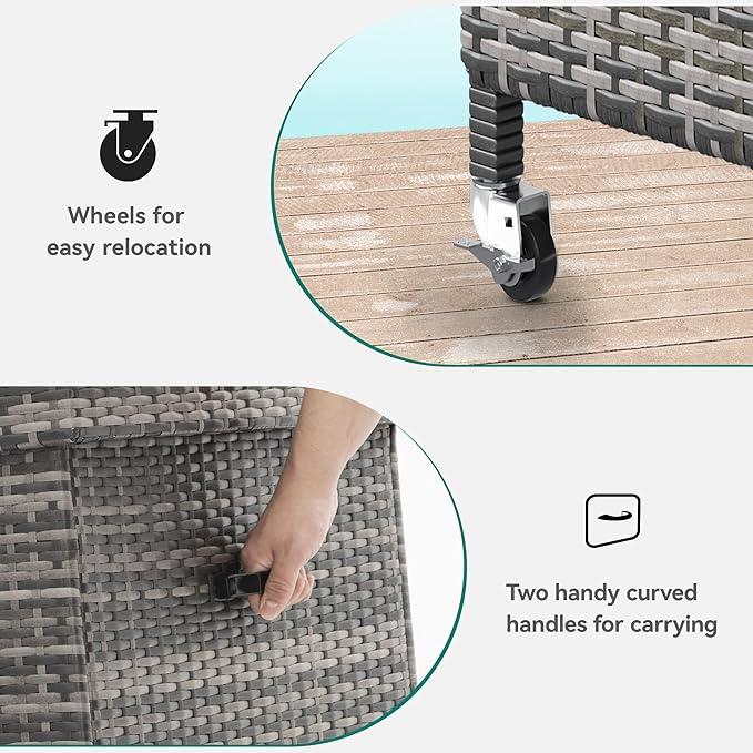 YITAHOME 200 Gallon Large Wicker Deck Box w/Storage Net, Rattan XL Outdoor Storage Box Patio Cushion Storage, Patio Storage Box for Garden Tools, Pool Sports Equipment (Grey)