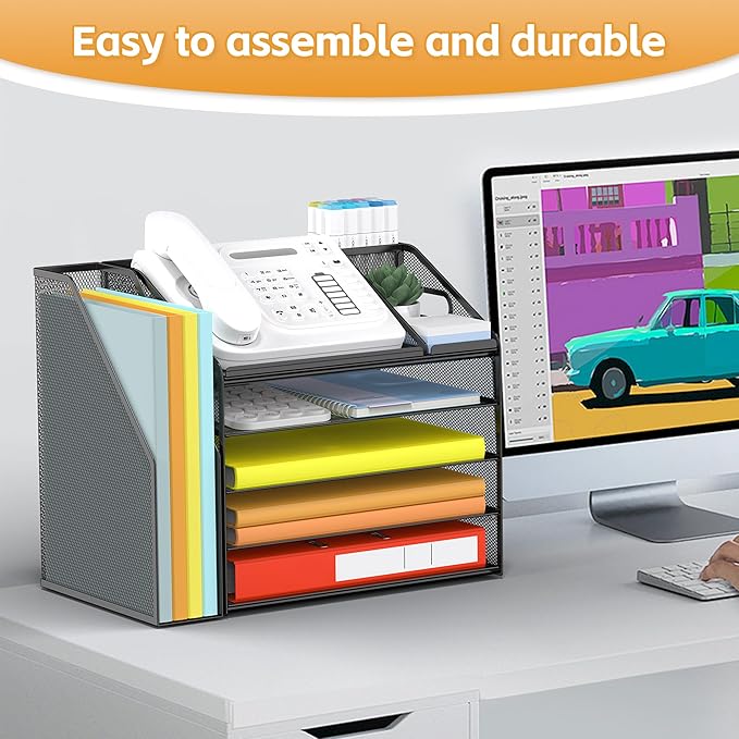 DocNest 5 Tier Paper Letter Tray File Organizer, Mesh Desk File with Handle, Workspace Desk Organizers with Pen Holder, Office Organization Storage Accessories - Black