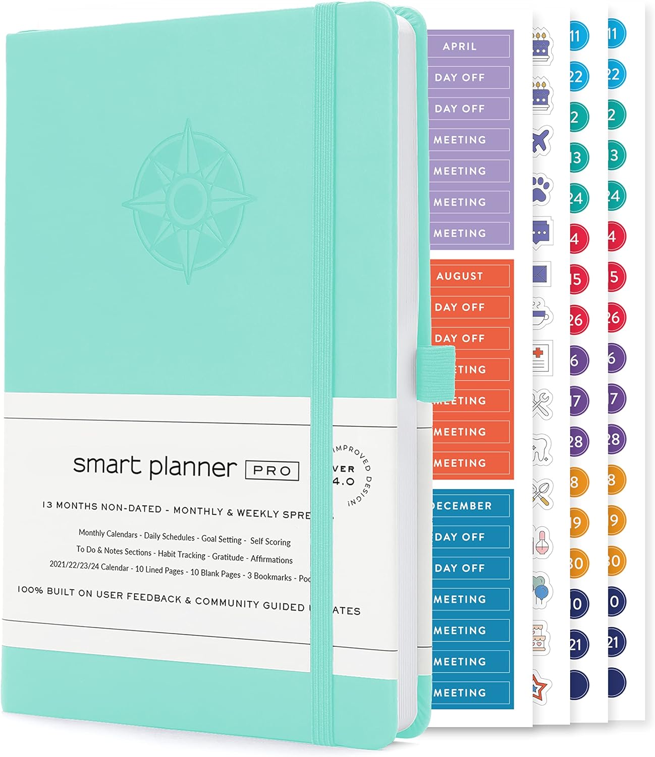 Smart Planner Pro – Undated Daily Planner – Small A5 – Achieve Goals & Increase Productivity – Weekly, Monthly, Work Sections, Organizer Diary with Back Pocket, 3 Satin Bookmarks & Pen Holder