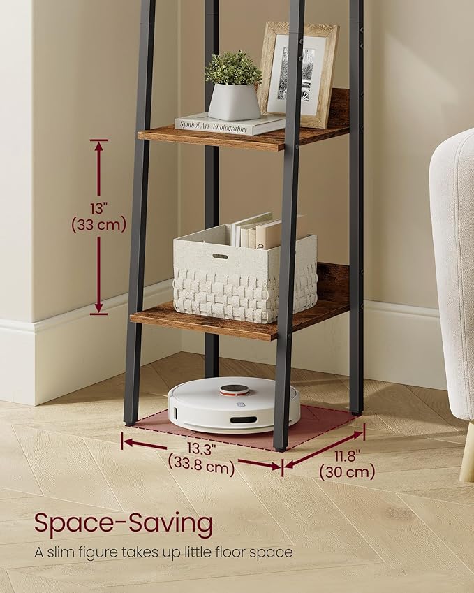 VASAGLE Bookshelf, 4-Tier Narrow Book Shelf, 11.8 x 13.3 x 55.1 Inches, Ladder Shelf for Home Office, Living Room, Bedroom, Kitchen, Rustic Brown and Ink Black ULLS108B01