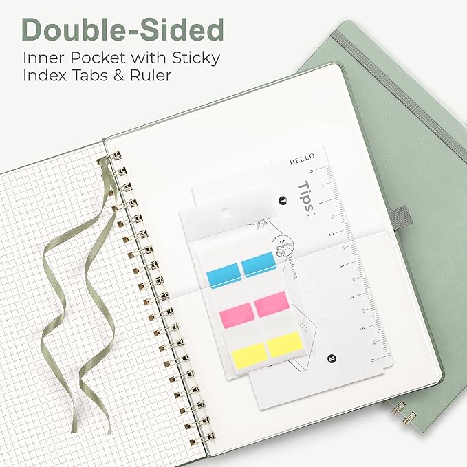 RETTACY Graph Grid Paper Notebook, 110 Pages, A4 Large Size (8.5'' × 11''), 5 Squares per Inch, Leather Hardcover, 100 GSM Thick Paper, for School, Students, Math, Engineering (Light Green)