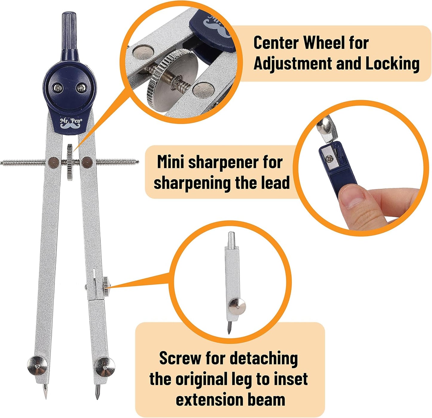 Mr. Pen- Professional Geometry Set Metal Compass, 7 pcs, Geometry Precision Tool Set with Shatterproof Storage Box, Drafting Tools & Drafting Kits, Back to School Supplies