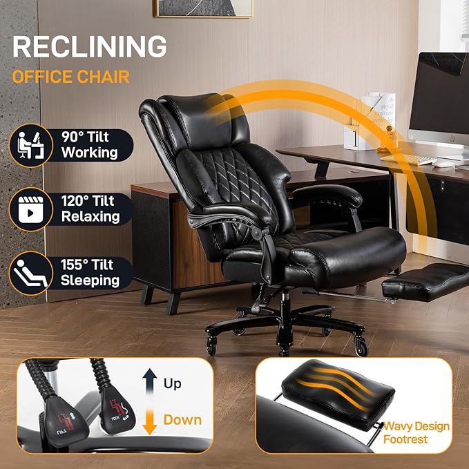 500 LBS Big and Tall Office Chair with Foot Rest High Back Recline Ergonomic Chair for Heavy People, Executive Office Chair Comfortable for Home Office, Large Computer Desk Chair Black