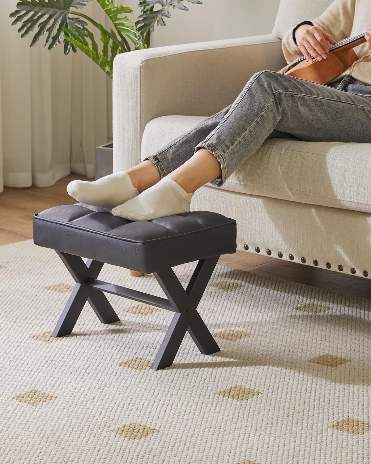 IBUYKE Small 12" H Footrest Stool, Square PU Foot Stool with Metal X-Leg, Multi-Use as Small Side Table, Step Stool for Living Room, Bedroom, Entryway, Office, Black WBD012B