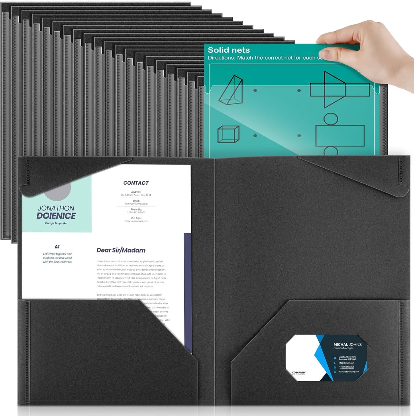 Henoyso 60 Pcs Plastic Folders with Clear Front Pockets Heavy Duty File Folders with 2 Pockets and Card Slot for Student Communication School Office Presentation Report (Black)