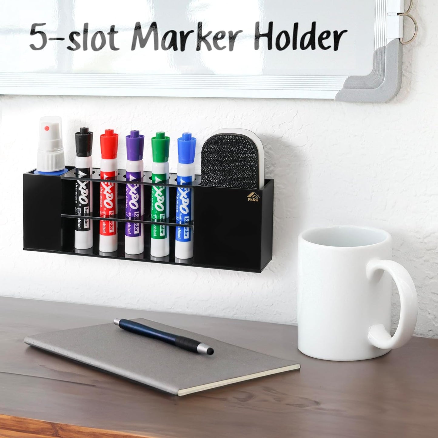 Pk&G Slim Magnetic Dry Erase Marker Holder for Whiteboard, Space Saving Pen Organizer with Glass and Wall Mount Accessories for Fridge, Office, and School. (Black)