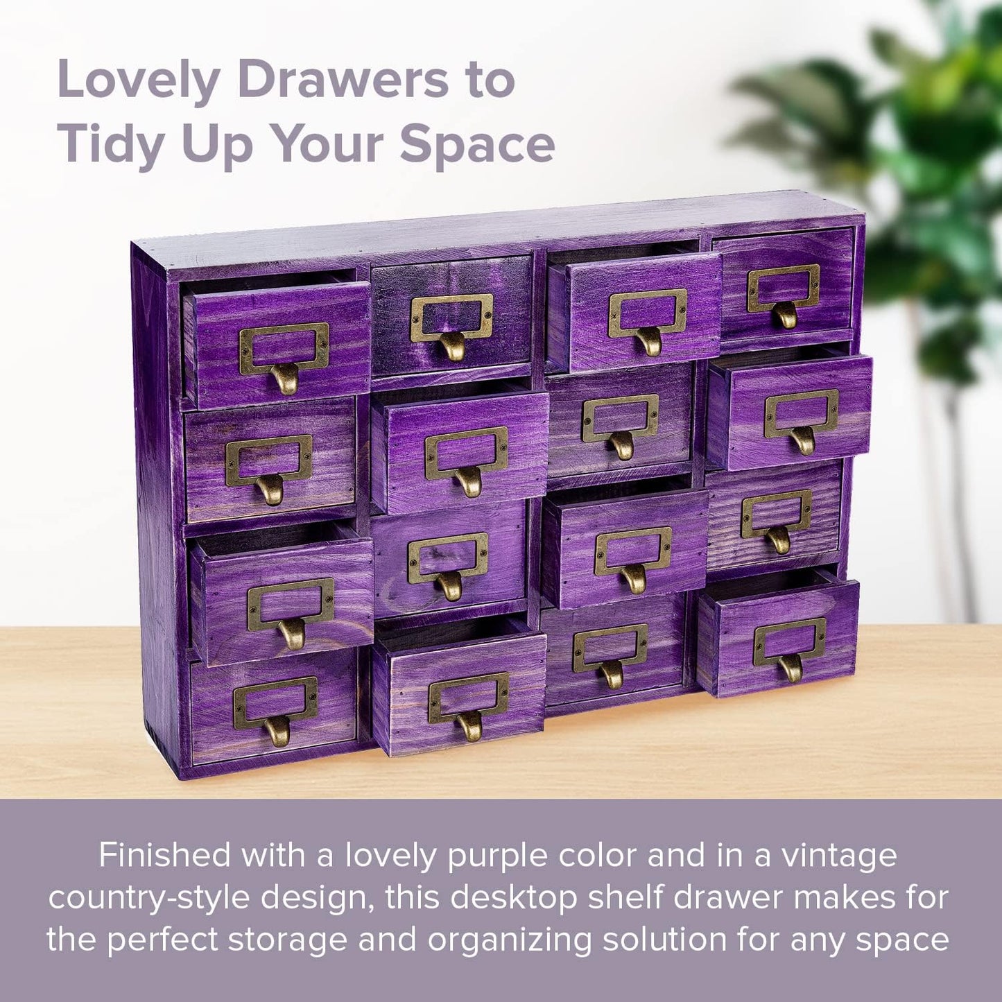 Purple 16-Slot Wooden Drawer Unit - Country Style Desk Organizer Box - 20"x3.6”x14” Wooden Storage Box w/ 16 Drawers - Countertop Drawers w/Label Holder & Handle - Slim 4-Level Organizer