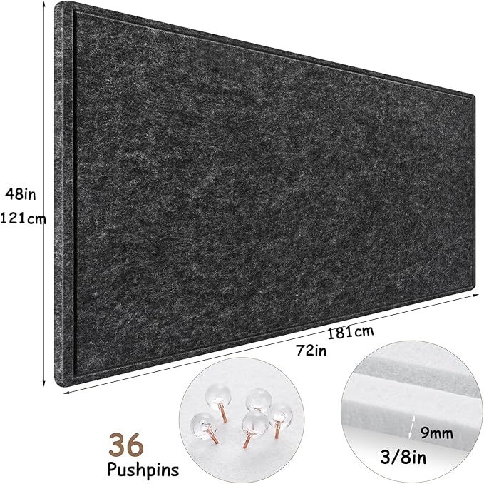 Large Bulletin Board, Foldable 72x48 Inches Cork Board Alternative, Large Felt Board Decorative Pin Board for Wall, Foldable Photo Board Self-Adhesive Vision Board with 36 Pushpins Dark Gray