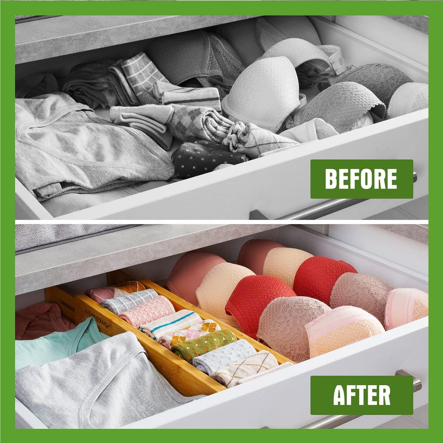 ANTOWIN Bamboo Drawer Dividers, Expandable Drawer Separators Splitter, 17-22 inches Adjustable Spring-loaded Organizer for Large Utensil, Clothes, Tools Drawers, 6 Pack Dividers + 4 Pack Baffle