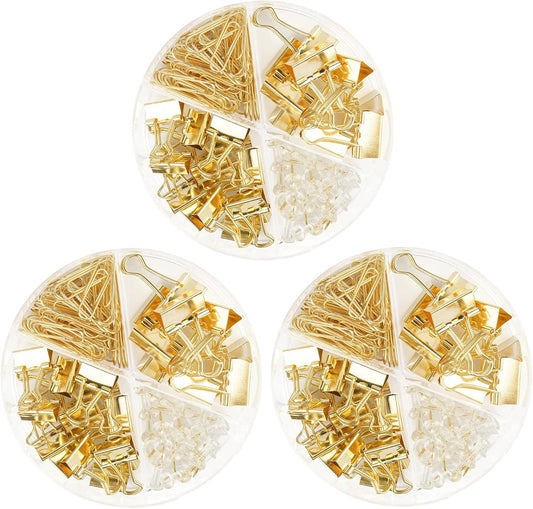 Paper Clips and Binder Clips Set, Metal Assorted Sized Binders with Push Pins, Cute Office Supplies for Desk, Desk Accessories (Gold Set of 3)