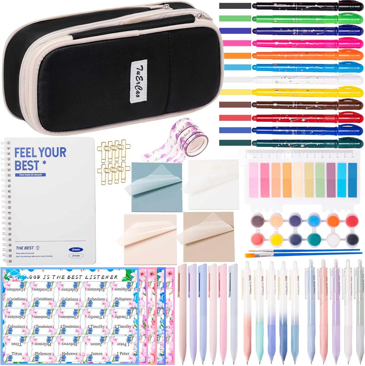 Bible Study Supplies for Women Men - Pencil Pouch Case, 75 Tabs, 12 No Bleed Highlighters, 6 Colored Pens, 10 Black Ink Pens, Washi Tapes & A5 Notebook -Christian Gifts Journaling Kit, Black