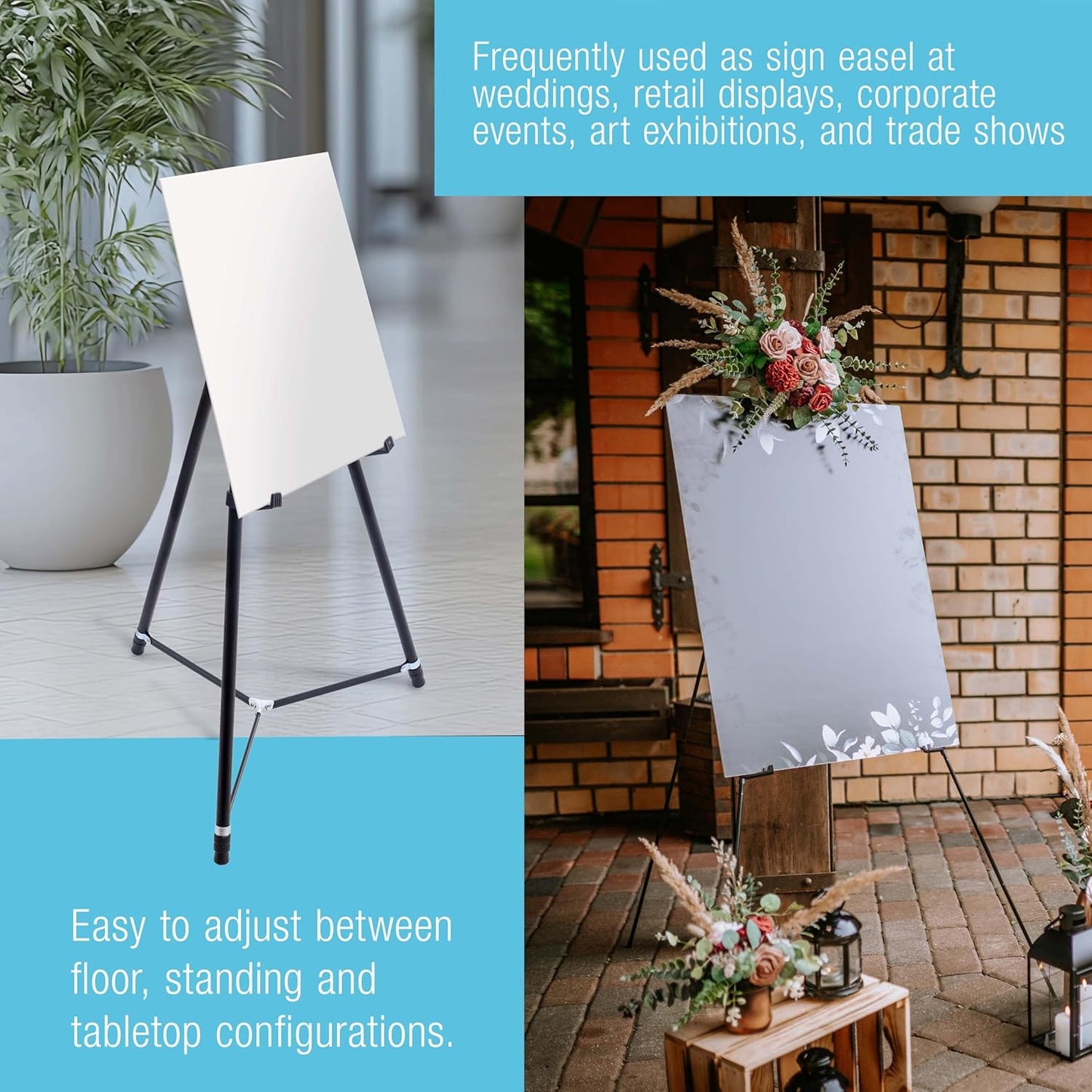 U.S. Art Supply 66" High Black Metal Display Art Easel - Large Adjustable Height Portable Easel Stand, Sign Display, Holds 25 lbs - Floor & Tabletop Easels, Sign Stand