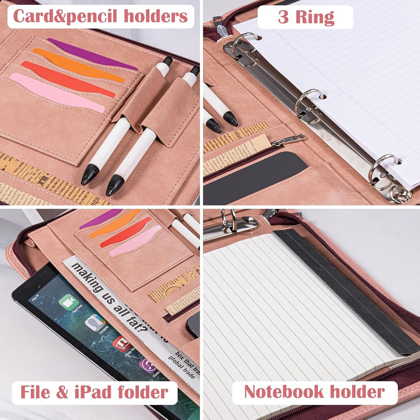 Calfinder Pink Portfolio Binder,3 Ring Binder with Zipper,PU Leather Padfolio with Zipper for Women, Professional Business Portfolio Organizer for Resume/Interview, A4 Letter Document Organizer