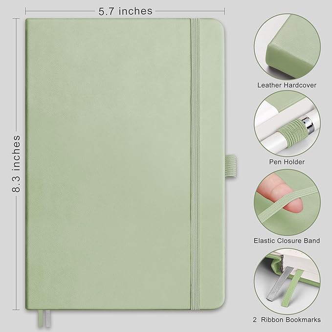 RETTACY Bullet Dotted Journal Notebook, 192 Pages, A5 Medium Size (5.7'' x 8.3''), Leather Hardcover, 100 GSM Thick Paper, for Bullet Journaling, Planning, Tracking (Light Green)