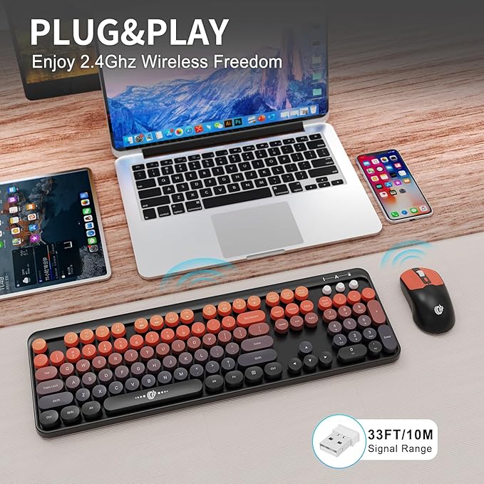 Wireless Keyboard and Mouse Combo, 2.4 GHz Full-Sized Typewriter Keyboard and Mouse Wireless with Round Keycaps for Windows, Computer, Desktop, PC, Laptop (Black Orange)