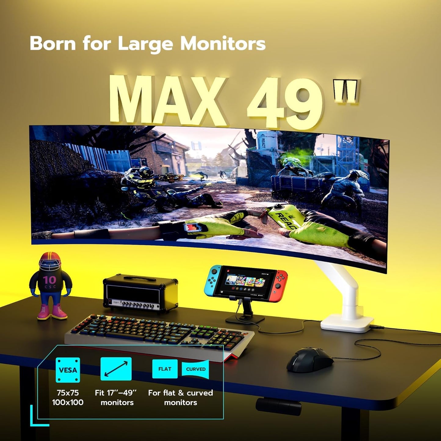 ARES WING Single Monitor Mount with USB A/C, Heavy Duty Monitor Arm for 17 to 49 inch Ultrawide Screen, Holds 44 lbs, Adjustable Gas Spring Arm Desk Mount with Clamp and Grommet Base, White