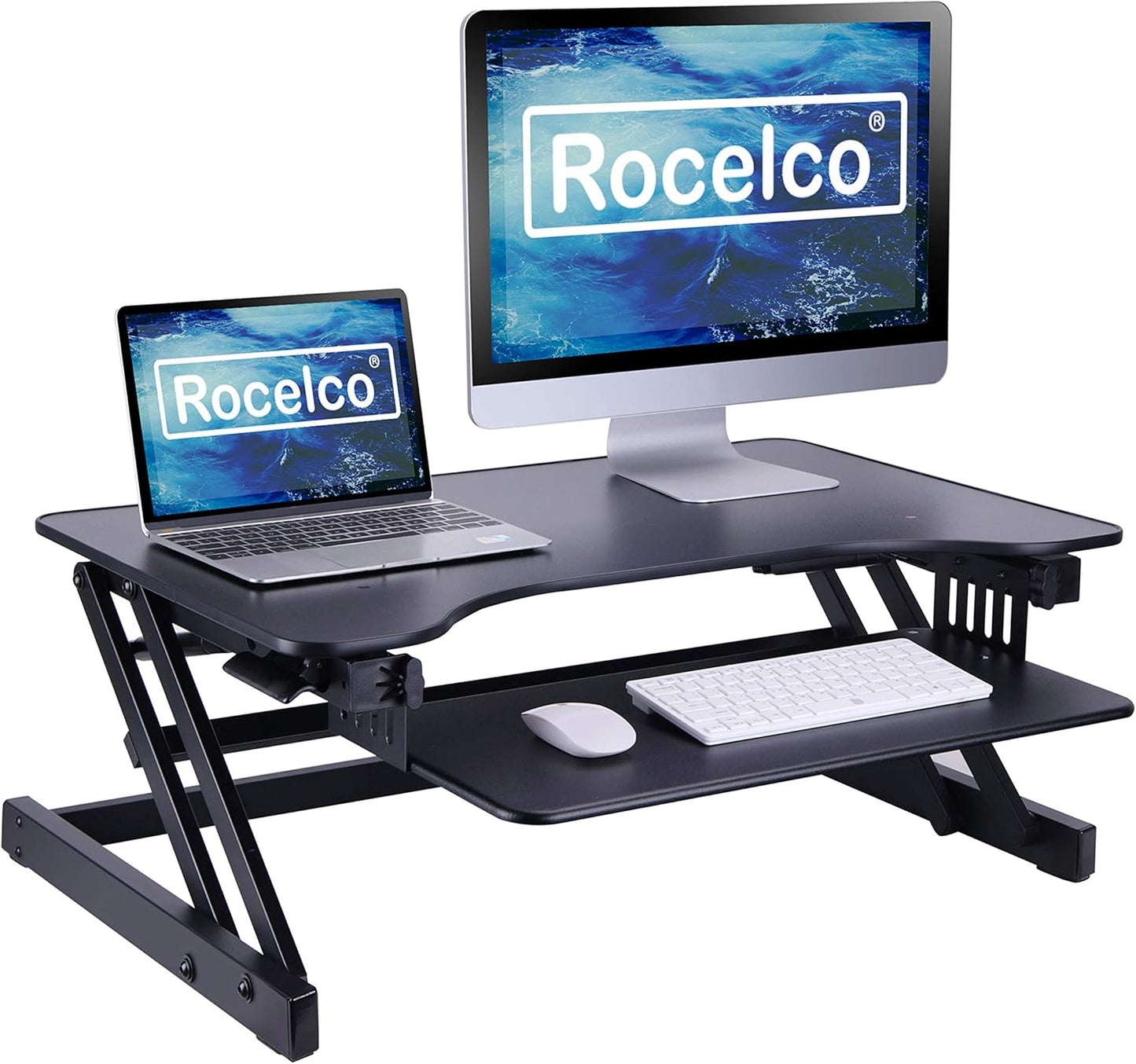 Rocelco 32" Height Adjustable Standing Desk Converter - Slide Out Retractable Keyboard Tray - Sit Stand Up Double Monitor Riser - Dual Piston Lift Assist Tabletop Computer Workstation - Black (R ADRB)