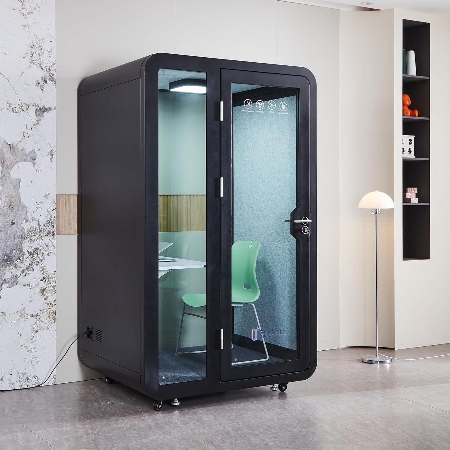 GEARONIC Solo Office Sound Booth Pod Audio Privacy, Mobile Roller with Desk, LED Light, Fans and AC USB Ports (Black Obsidian)