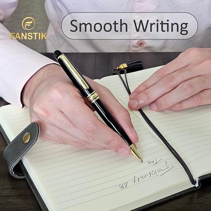 Customized BallPoint pen with name (MADE IN USA), stainless steel, black and gold, luxury engraved pen personalized for men and for women. (BallPoint Black-Gold)