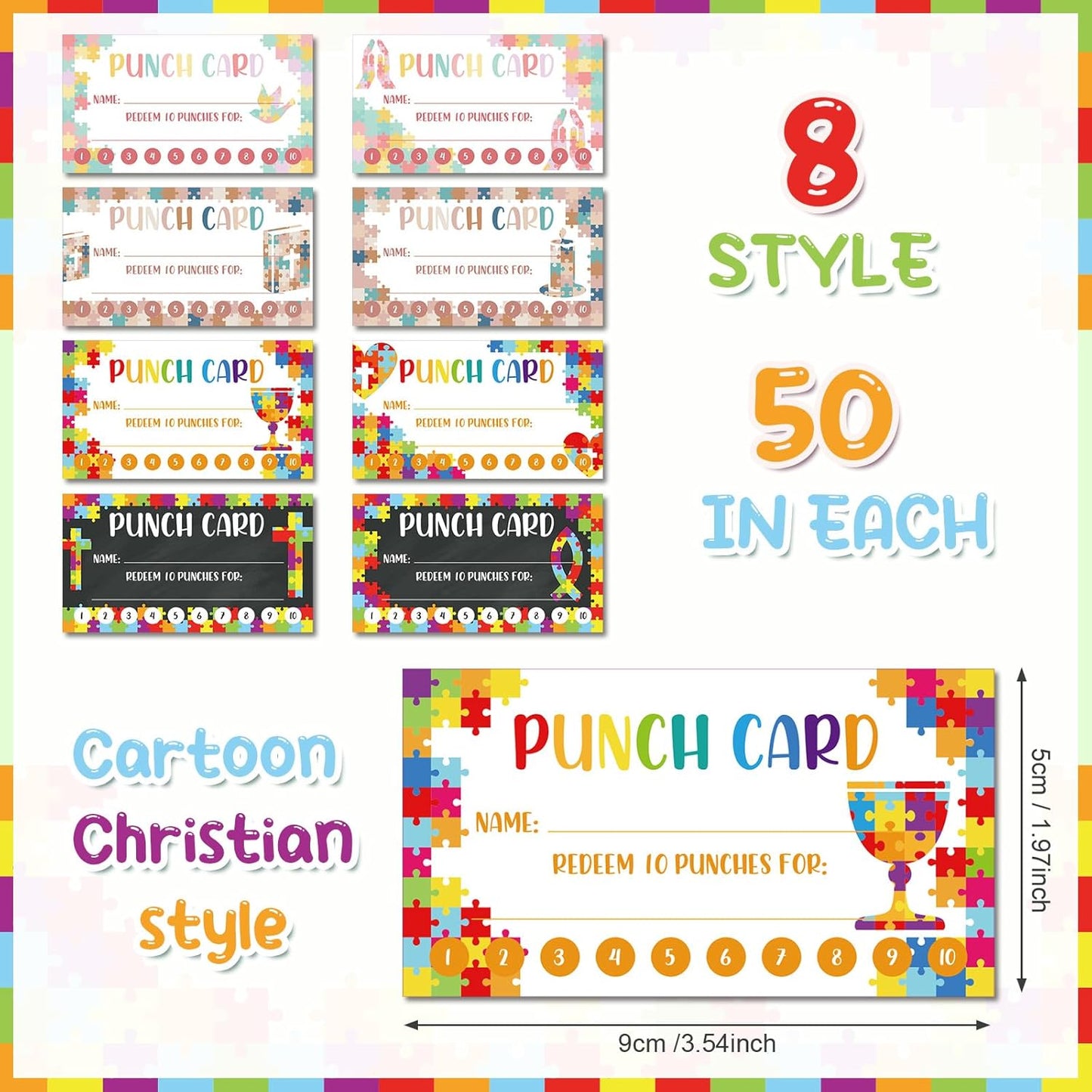 Fumete 400 Pcs Punch Cards for Classroom Reward Cards Behavior Incentive Loyalty Awards for Kids Students Teachers School Business, 8 Styles, 3.5 x 2 in (10 Christian Punches Style)
