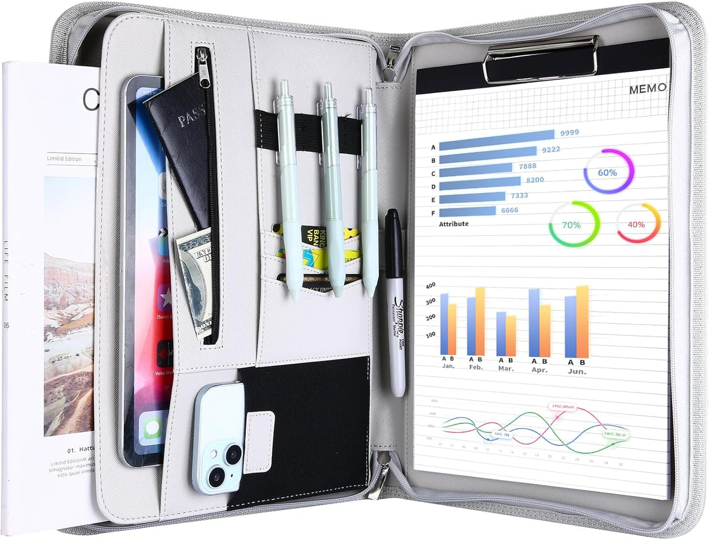 ProCase Portfolio Business Padfolio Folder with Zipper, Conference Meeting Executive File Legal Document Organizer with Pockets Letter Size A4 Writing Pad Notepad Padfolio -Grey