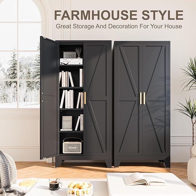 71H Tall Metal Storage Cabinet with 2 Doors and 5 Shelves,Farmhouse Storage Cabinet with Barn Doors,Pantry Storage for Home,Office,Bathroom,Dining Room,Kitchen(Black)