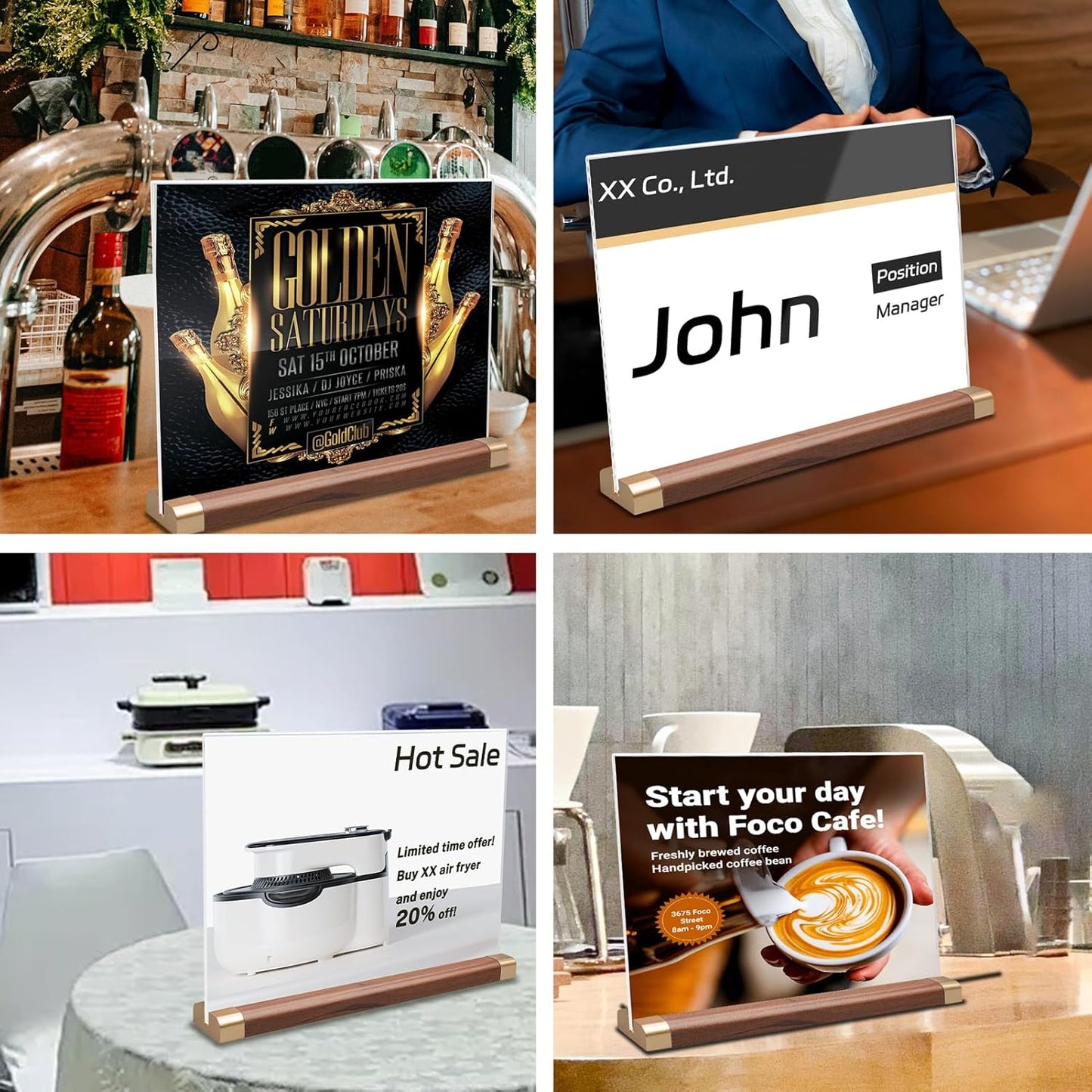 Acrylic Sign Holder 8.5 x 11 with Wood Color Base, 3 Pack Clear Tabletop Double-Sided T Shape Display Sign Frame Horizontal for Store/Coffee Shop/Office/Hotel Business Display Holder