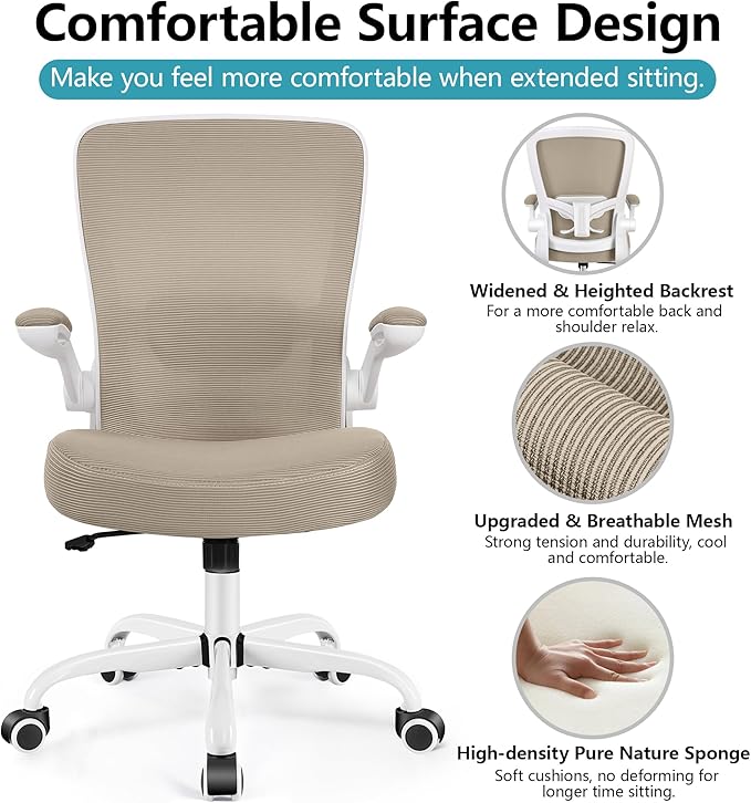 FelixKing Office Chair, Ergonomic Desk Chair Breathable Mesh Chairs with Adjustable High Back Lumbar Support Flip-up Armrests, Executive Swivel Comfy Task Computer Chairs for Home Office Khaki