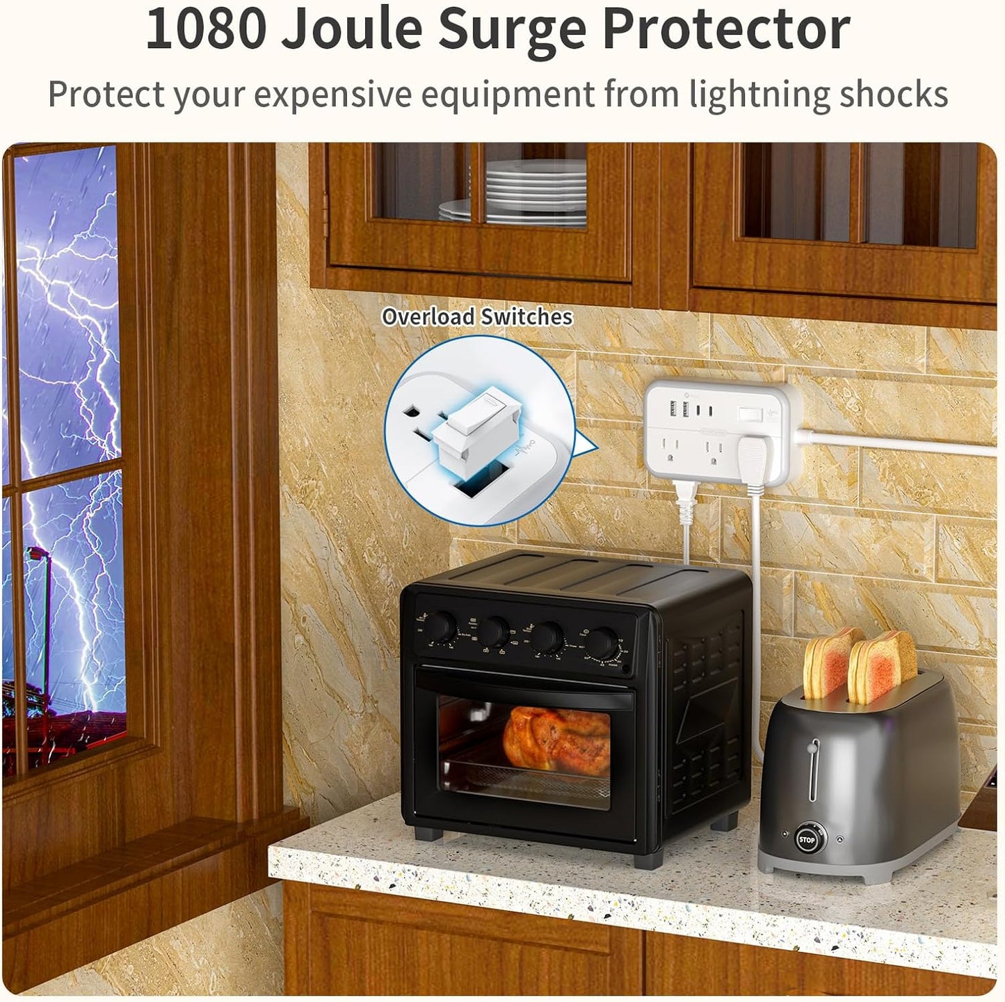 NTONPOWER Extension Cord 15 FT, 1875W Two Prong to Three Prong Outlet Adapter, 1080 Joules Surge Protector Power Strip, Rotating Plug 2 Prong Extension Cord with 4 USB Ports(2 USB C), for Old House