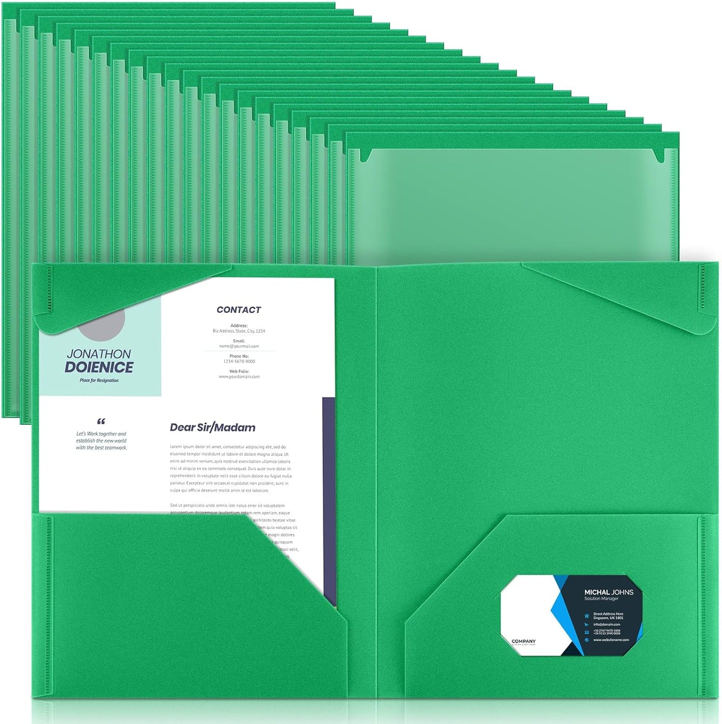 Henoyso 60 Pcs Plastic Folders with Clear Front Pockets Heavy Duty File Folders with 2 Pockets and Card Slot for Student Communication School Office Presentation Report (Green)