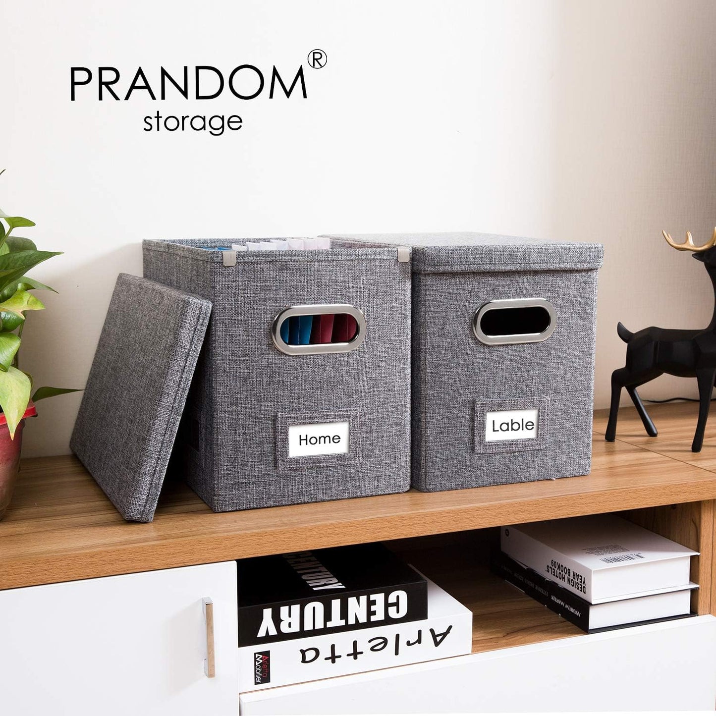 PRANDOM File Organizer Box - Set of 1 Collapsible Decorative Linen Filing Storage Hanging File Folders with Lids Office Cabinet Letter Size Grey (14x9.3x10.8 inch)